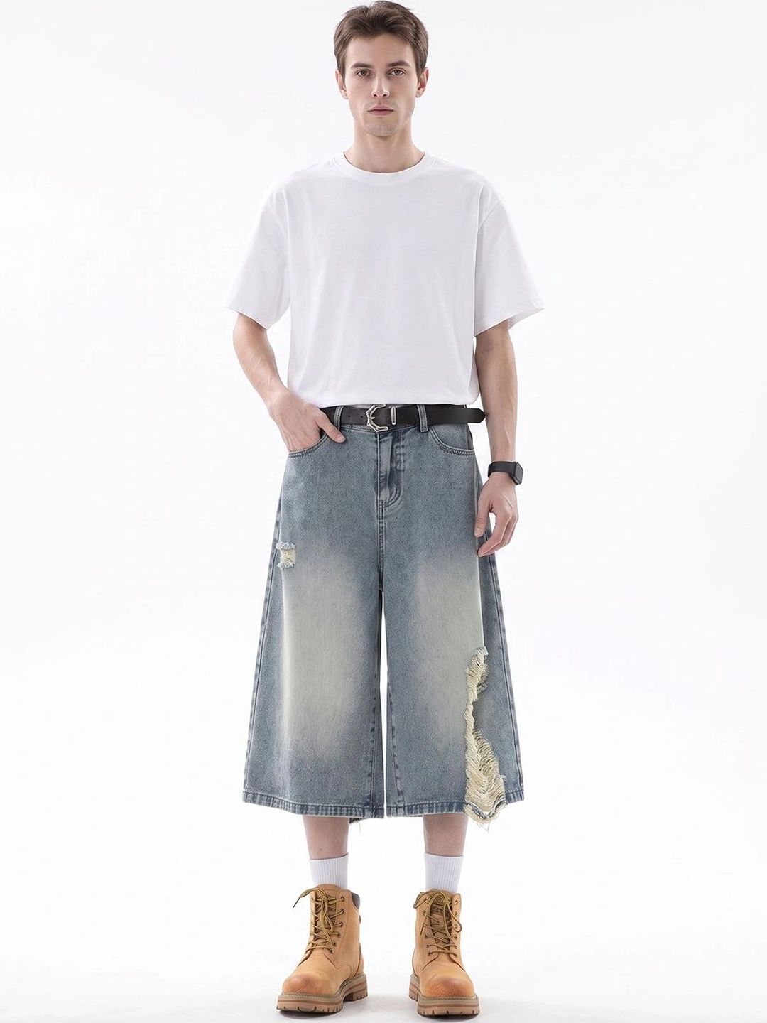 Suo Men Washed Loose Fit Denim Shorts Technology-picture-45