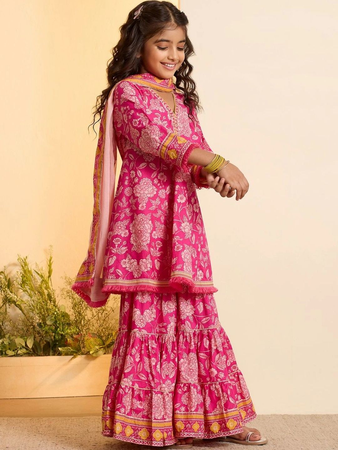 Biba Girls Floral Printed Regular Pure Cotton Kurta with Sharara & With Dupatta-picture-58