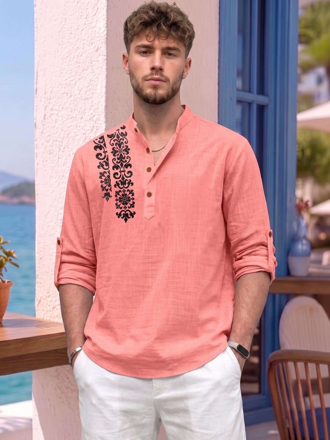 FINIVO FASHION Men Floral Printed Mandarin Collar Roll-Up Sleeves Short Kurta-picture-41