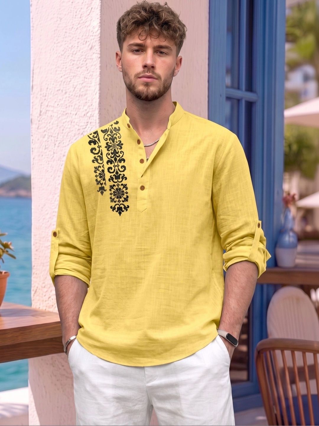 FINIVO FASHION Men Floral Printed Mandarin Collar Roll-Up Sleeves Short Kurta-image-20
