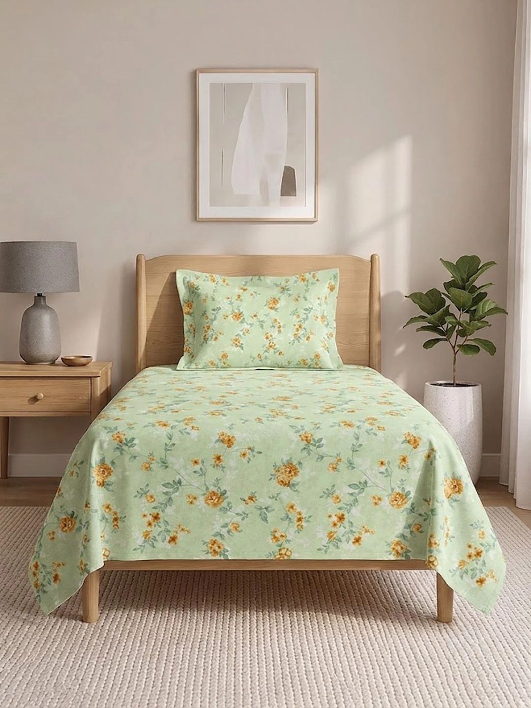LANE LINEN Green & Yellow Floral 144 TC Single Bedsheet with 1 Pillow Covers-image-25