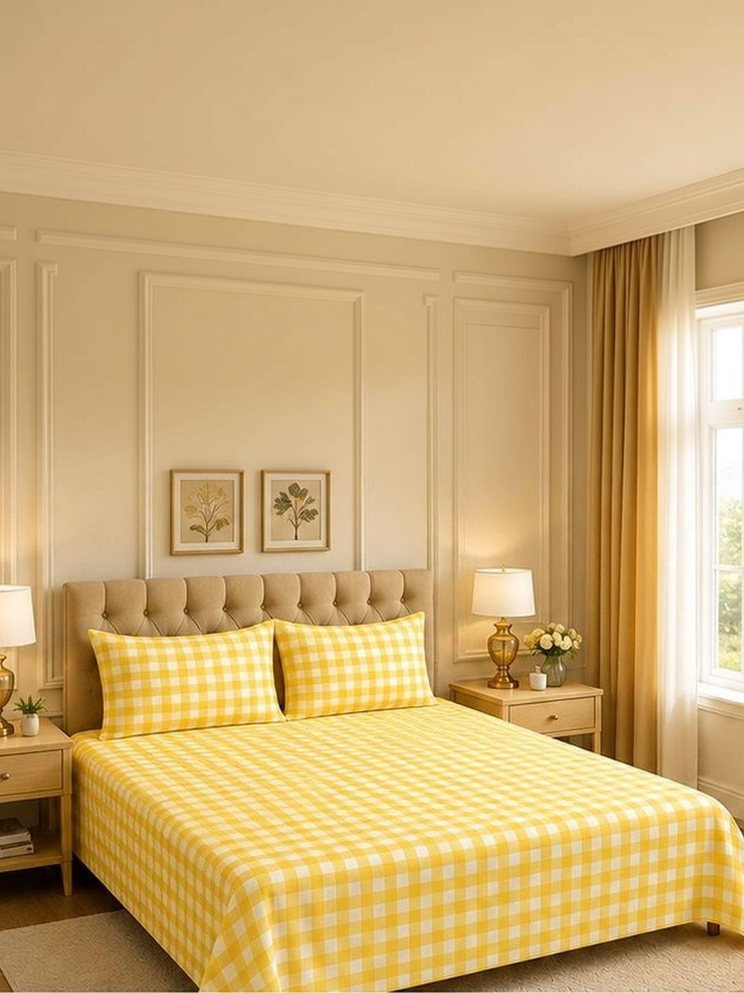 JASHAN Yellow & White 300 TC King Bedsheet with 2 Pillow Covers-image-0