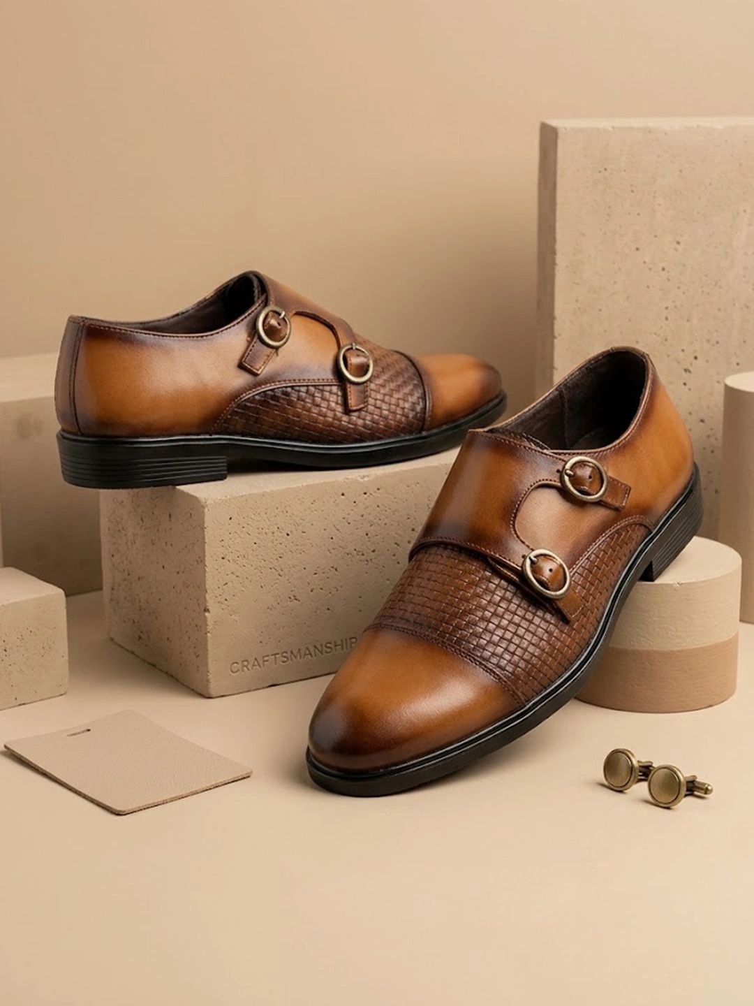 House of Pataudi Men Woven Design Round Toe Buckle Monk Shoes Formal Shoes-picture-58