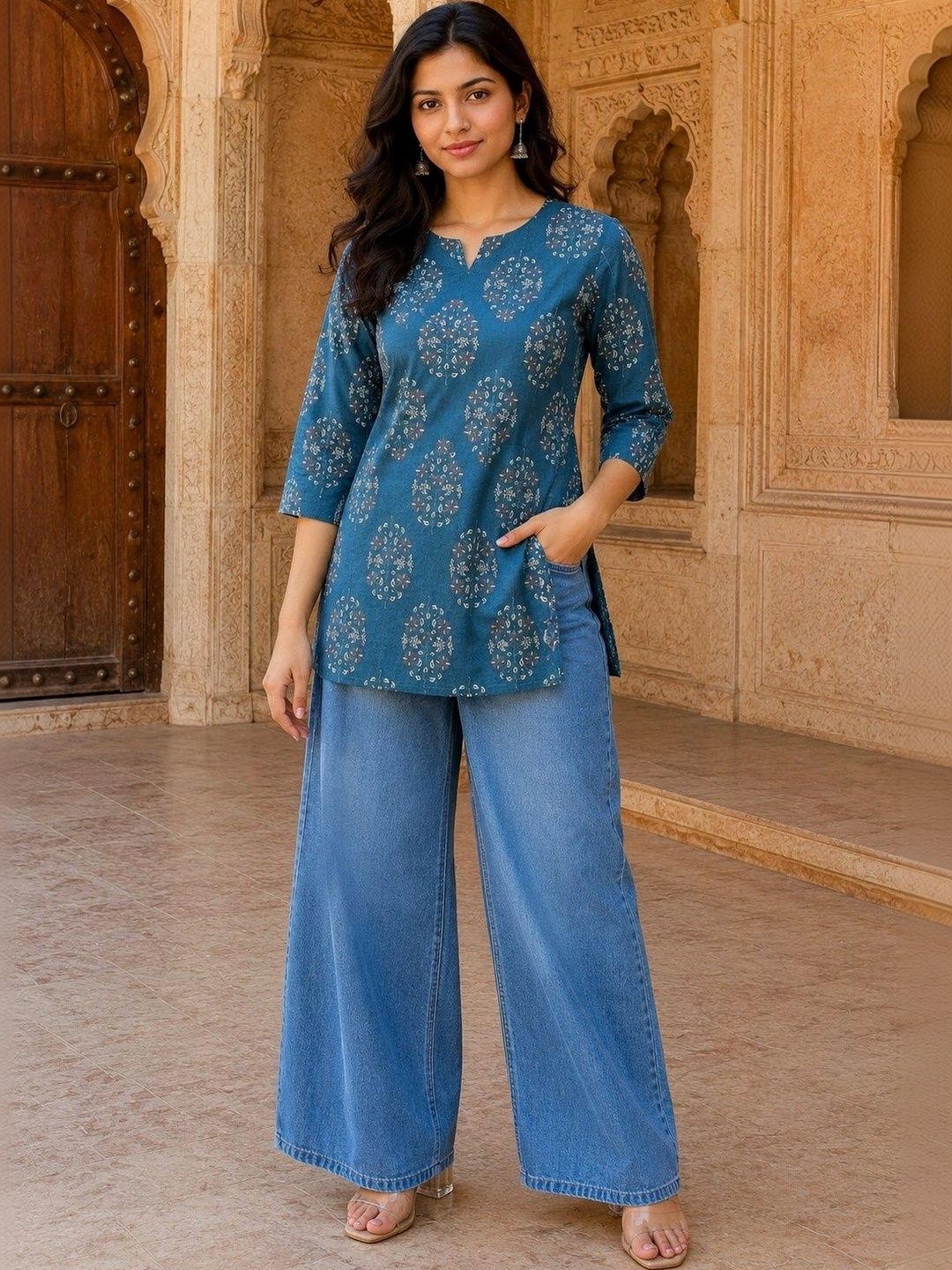 all about you Ethnic Motifs Printed V-Neck Pure Cotton Blend Kurti-picture-30