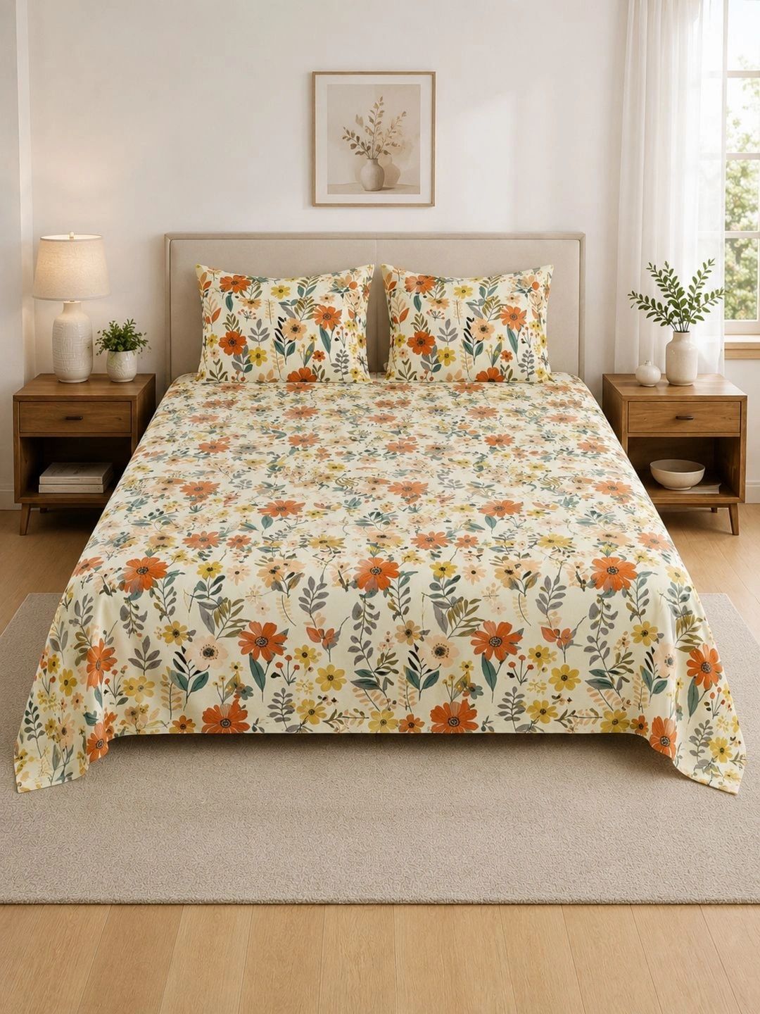 RAHESI HOME Beige & Orange Floral 250 TC Bedsheet with 2 Pillow Covers-image-10