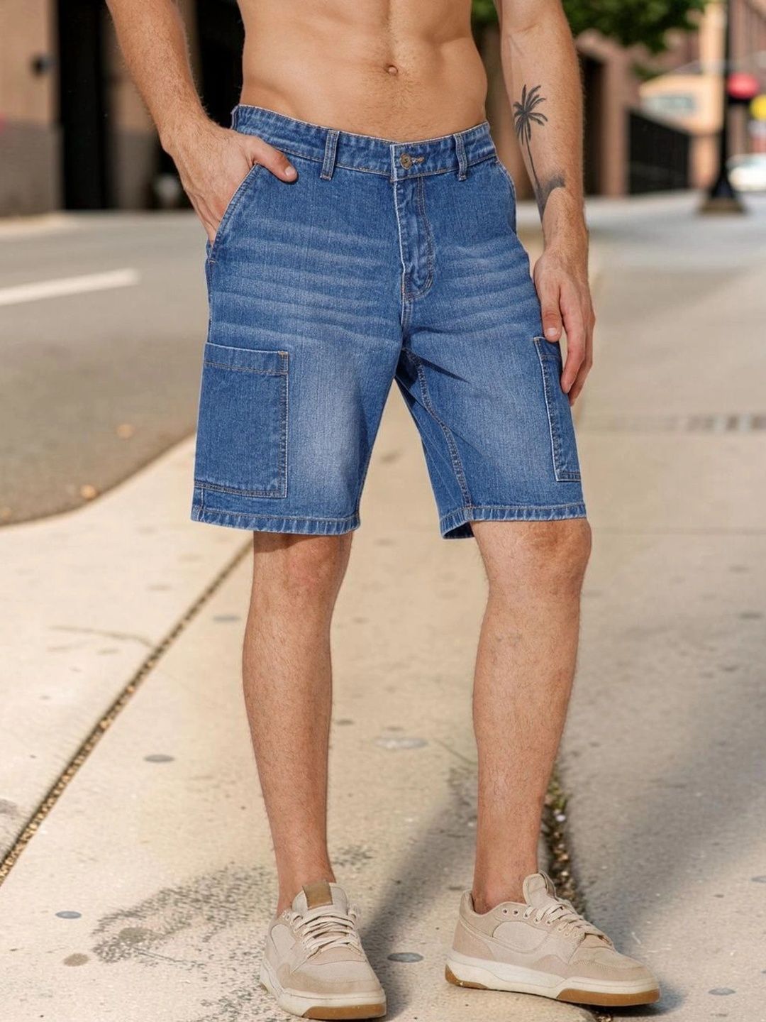 STUDIO NEXX Men Washed Loose Fit Denim Cargo Shorts Technology-picture-10