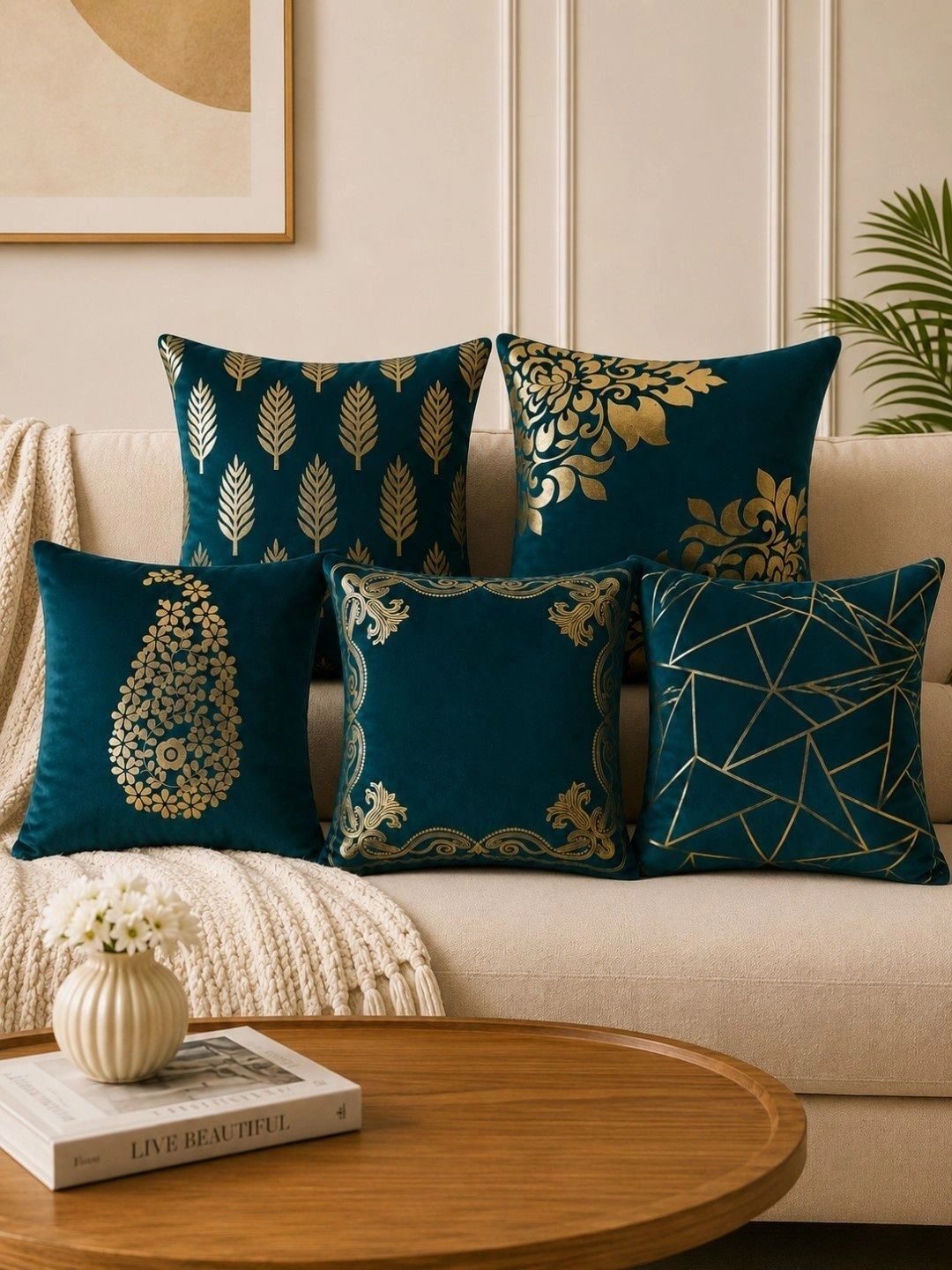 HOSTA HOMES Multicoloured Set of 5 Floral Velvet Square Cushion Covers-picture-25