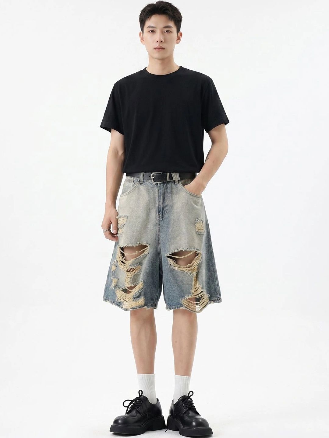 Suo Men Washed Loose Fit Denim Shorts Technology-picture-51