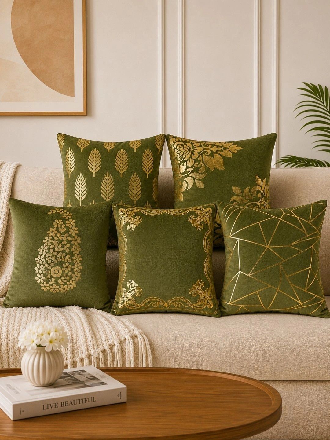 HOSTA HOMES Green 5 Pieces Printed Velvet Square Cushion Covers-picture-29