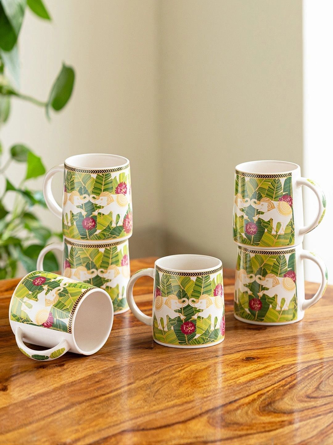 ExclusiveLane White & Green Handcrafted and Hand Painted Printed Ceramic Glossy Mugs Set of Cups and Mugs-picture-0
