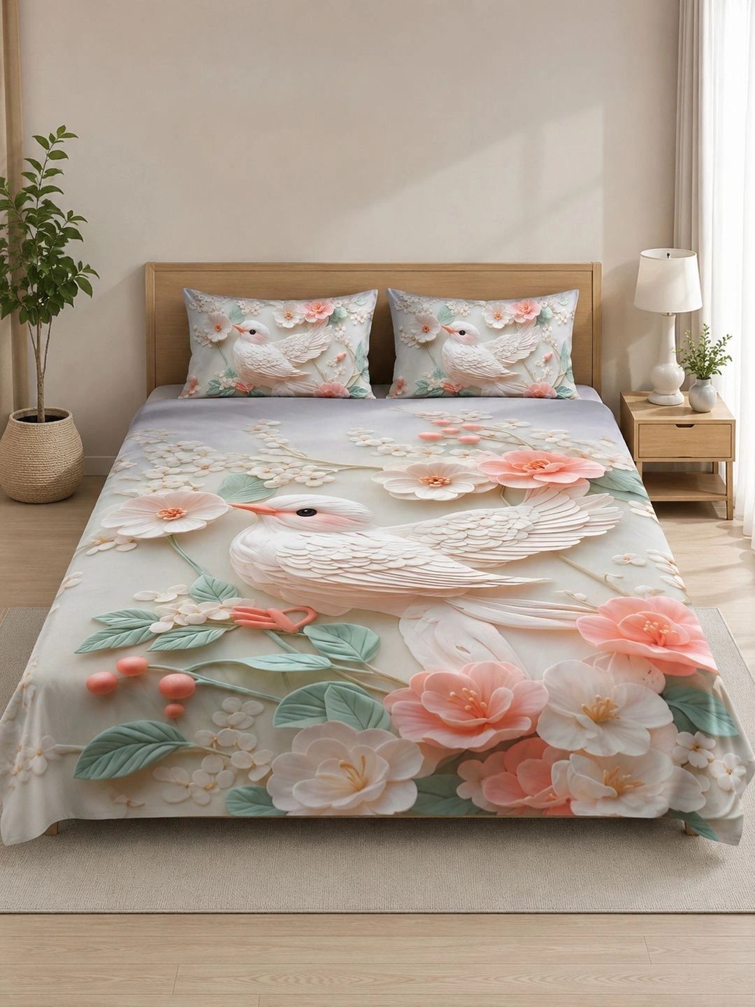 VAIKUNTH HOME Green & Pink Floral 250 TC Bedsheet with 2 Pillow Covers-image-12