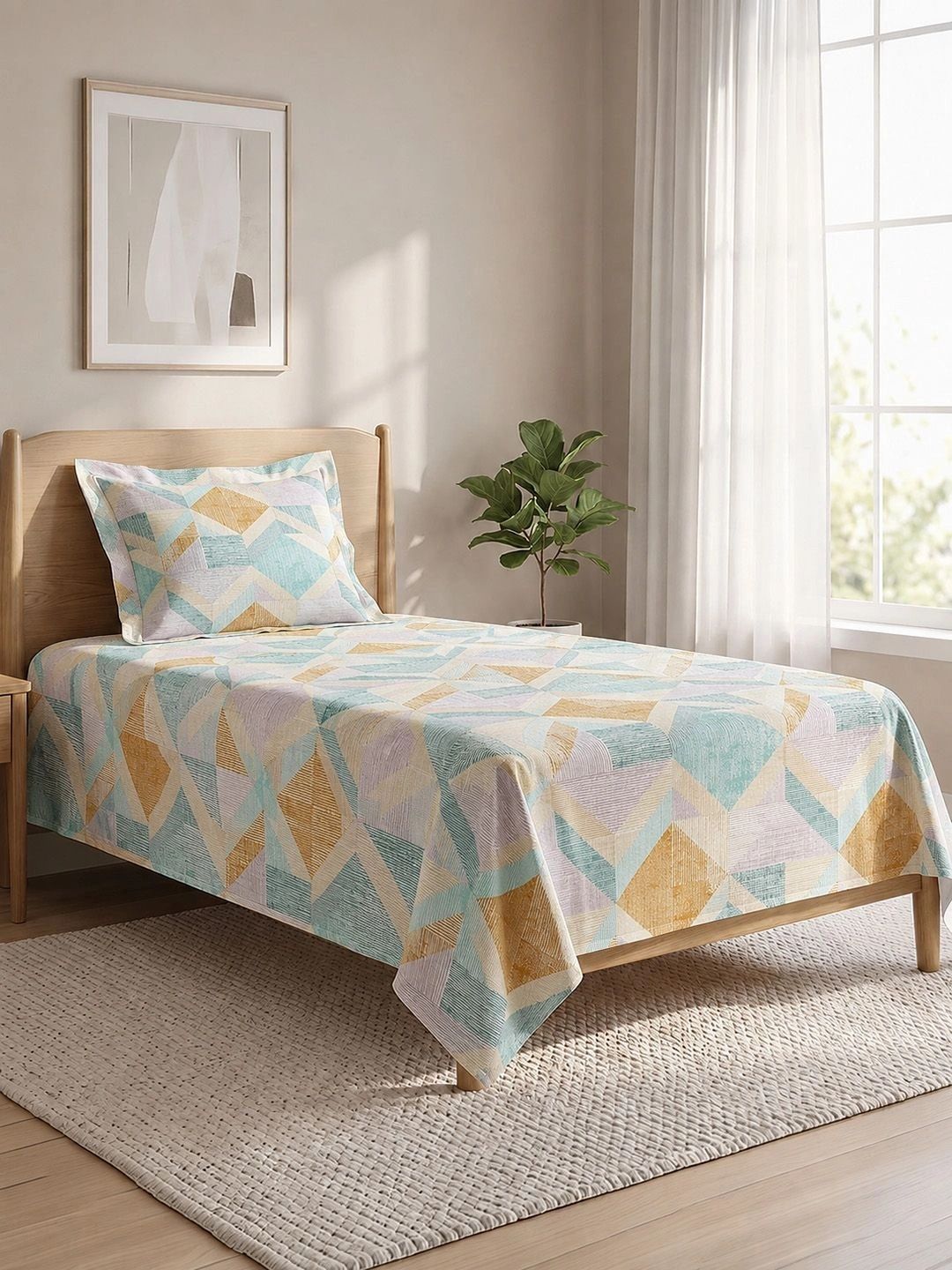 LANE LINEN Mustard & Turquoise Blue Geometric 144 TC Single Bedsheet with 1 Pillow Covers-image-37