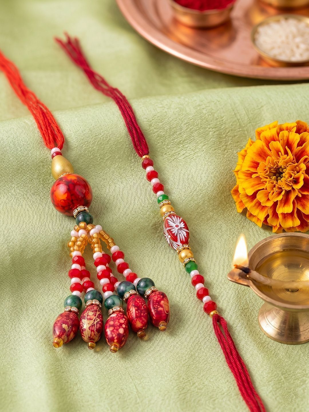 Anouk Set Of 2 Designer Red Artificial Beads Bhaiya Bhabhi Rakhi With Roli Chawal Chandan-image-35