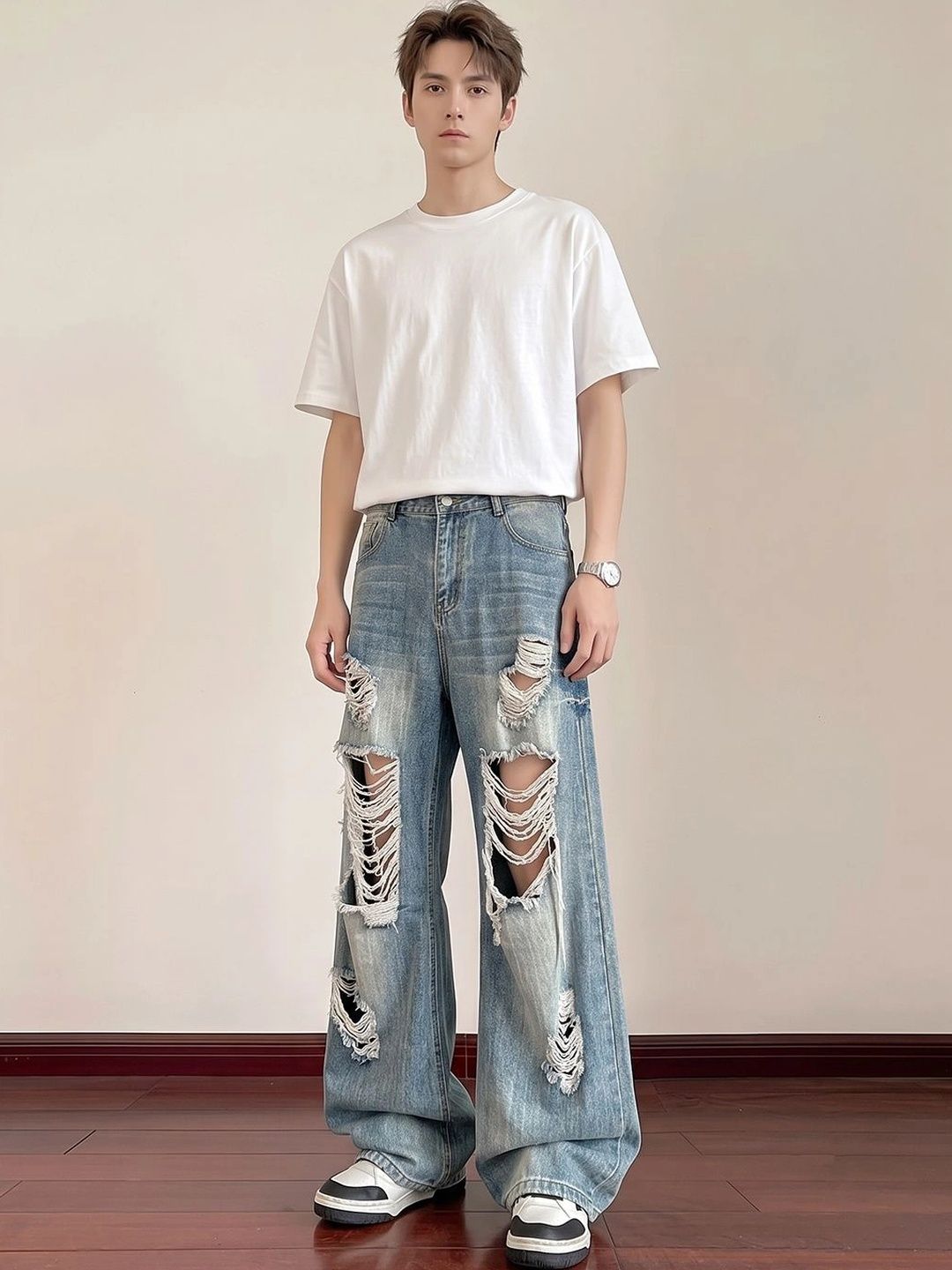 Suo Men Wide Leg Mid-Rise Highly Distressed Light Fade Jeans-picture-45