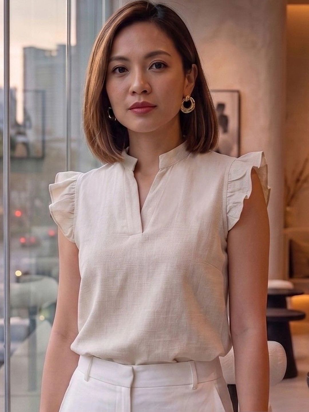 Style Quotient Mandarin Collar Flutter Sleeve Ruffles Cotton Blend Top-picture-47