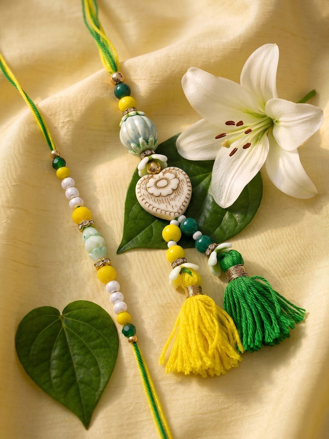 Anouk Set Of 2 Green & Yellow Beaded Heart Shape Bhaiya Bhabhi Rakhi With Roli Chawal-picture-39