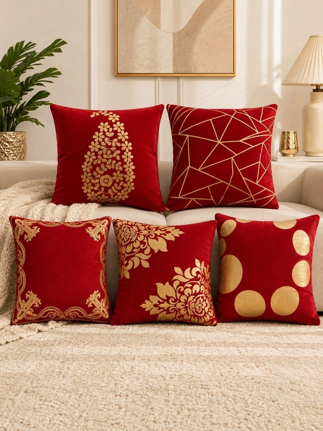 HOSTA HOMES Multicoloured Set of 5 Geometric Velvet Square Cushion Covers-picture-20
