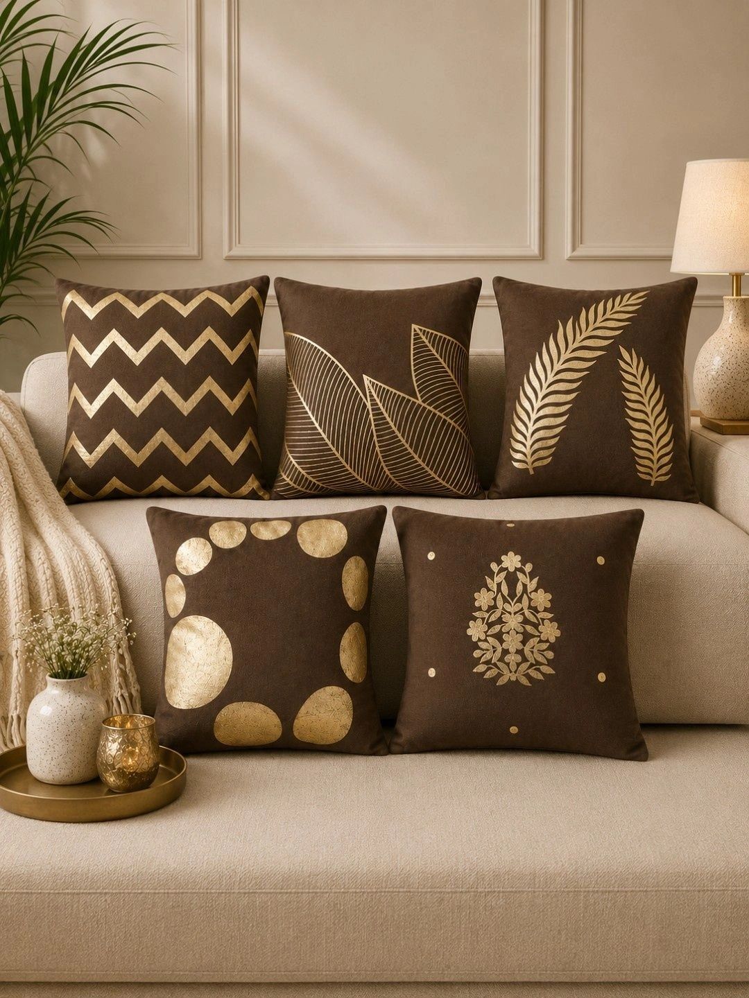 HOSTA HOMES Brown & Gold-Toned Set of 5 Geometric Velvet Square Cushion Covers-image-25