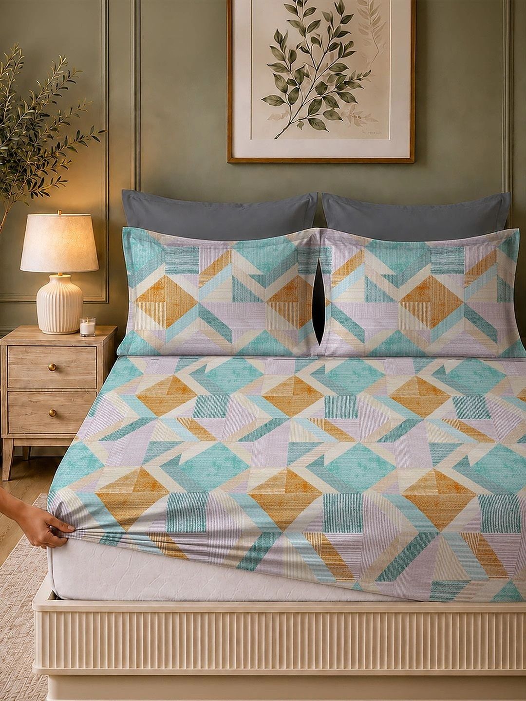 LANE LINEN Beige & Turquoise Blue Geometric 144 TC King Bedsheet with 2 Pillow Covers-image-38