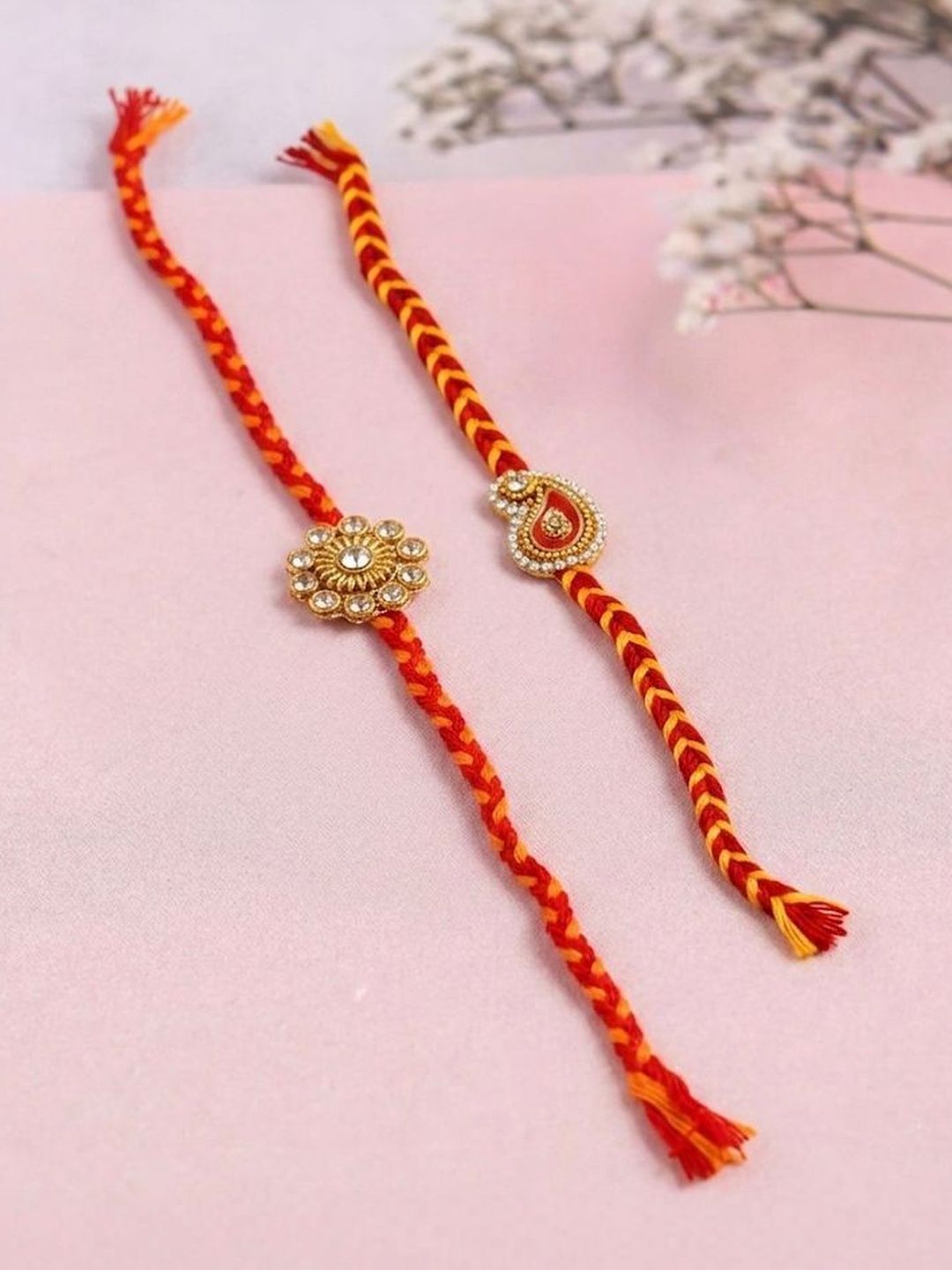 SZN Set Of 2 Gold & Red Thread & Kundan Rakhi With Roli Chawal Chandan Mishri-picture-47