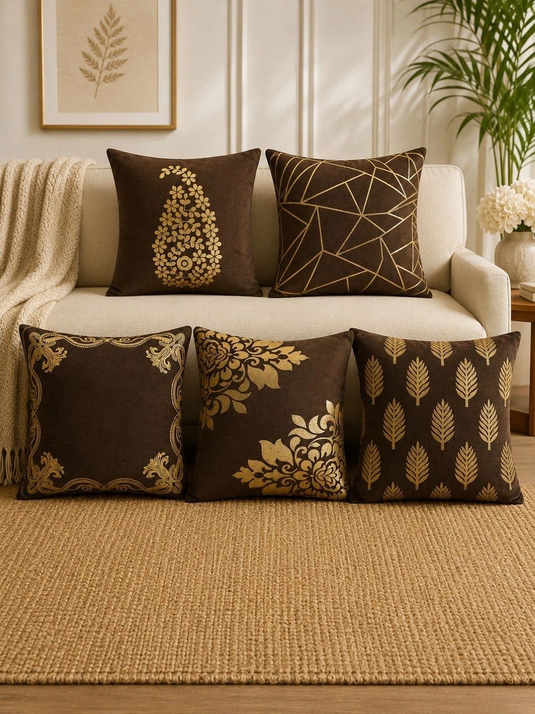 HOSTA HOMES Multicoloured Set of 5 Floral Velvet Square Cushion Covers-picture-27
