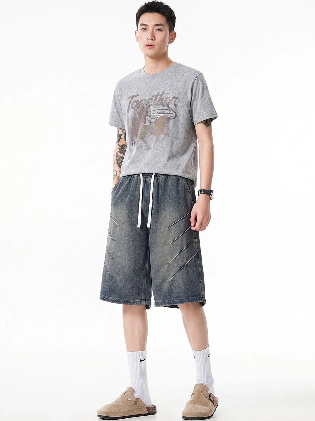 Suo Men Washed Loose Fit Denim Shorts Technology-picture-57