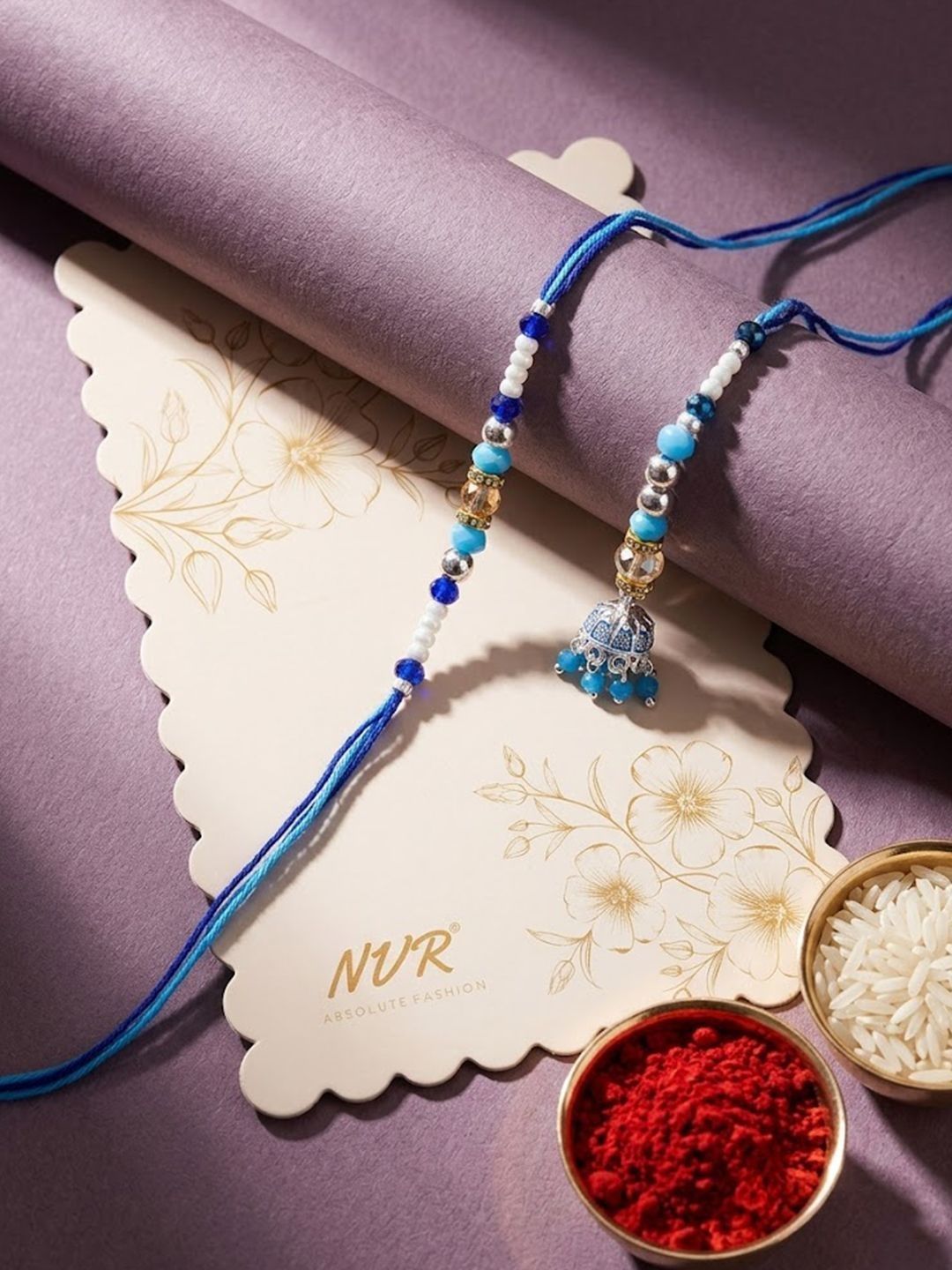 SZN Set Of 2 Blue Artificial Beads Jhumka Design Bhaiya Bhabhi Rakhi With Roli Chawal-picture-48