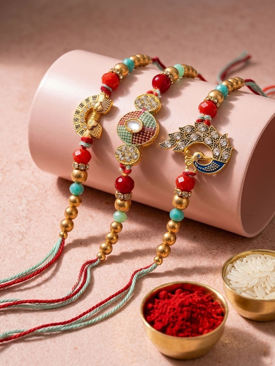 Anouk Set Of 3 Artificial Stones & Beads Decorative Thread Rakhi With Roli Chawal Chandan-image-15