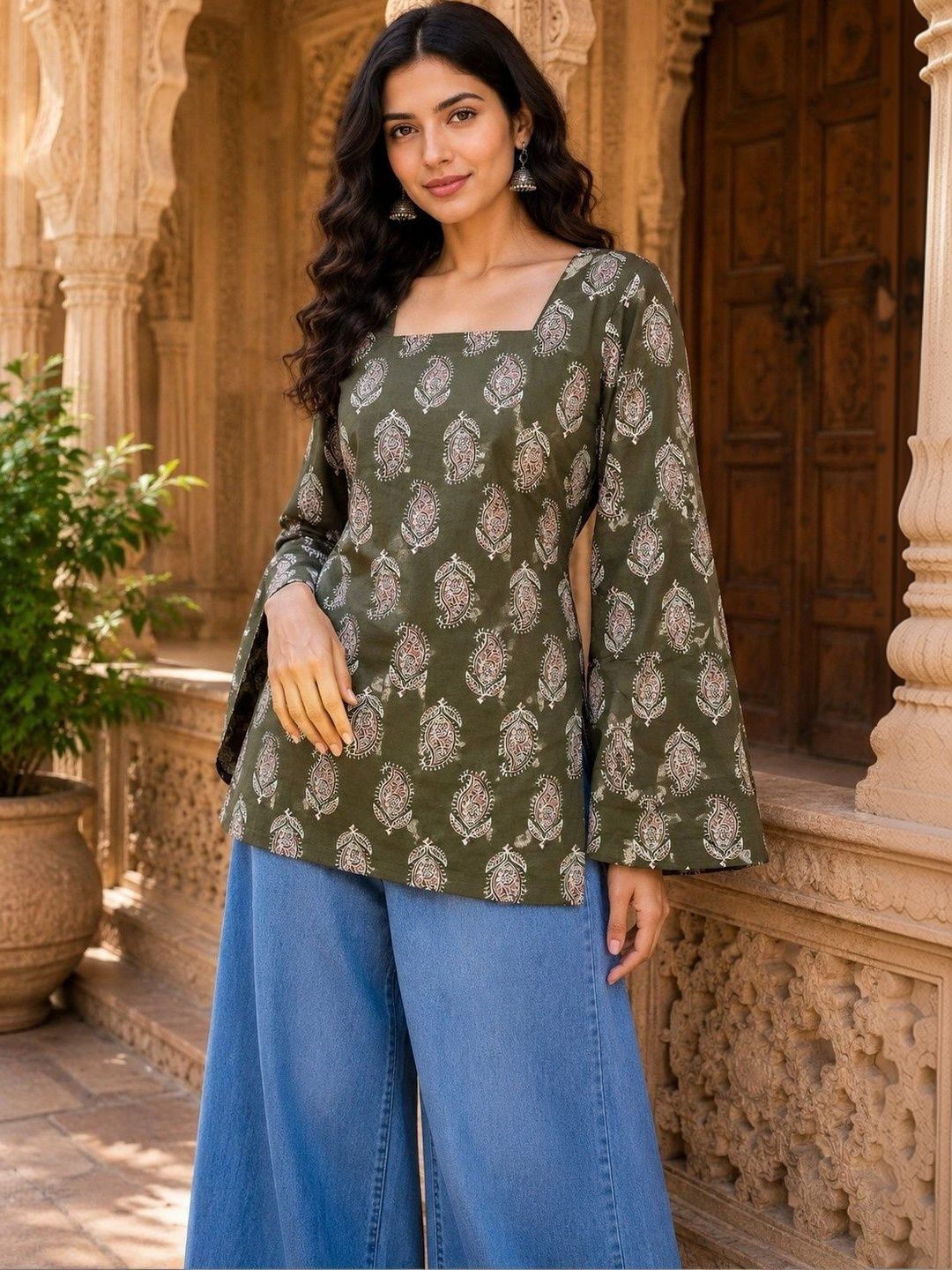 all about you Ethnic Motifs Printed Square Neck Flared Sleeves Pure Cotton Blend Kurti-picture-54