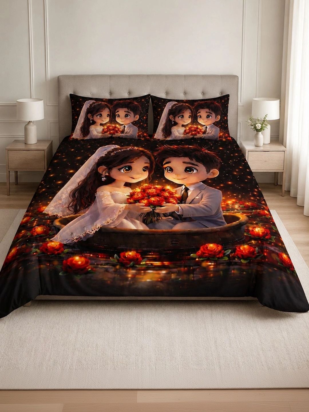 VARDAAN SALES Black & Red Conversational 250 TC Bedsheet with 2 Pillow Covers-image-3