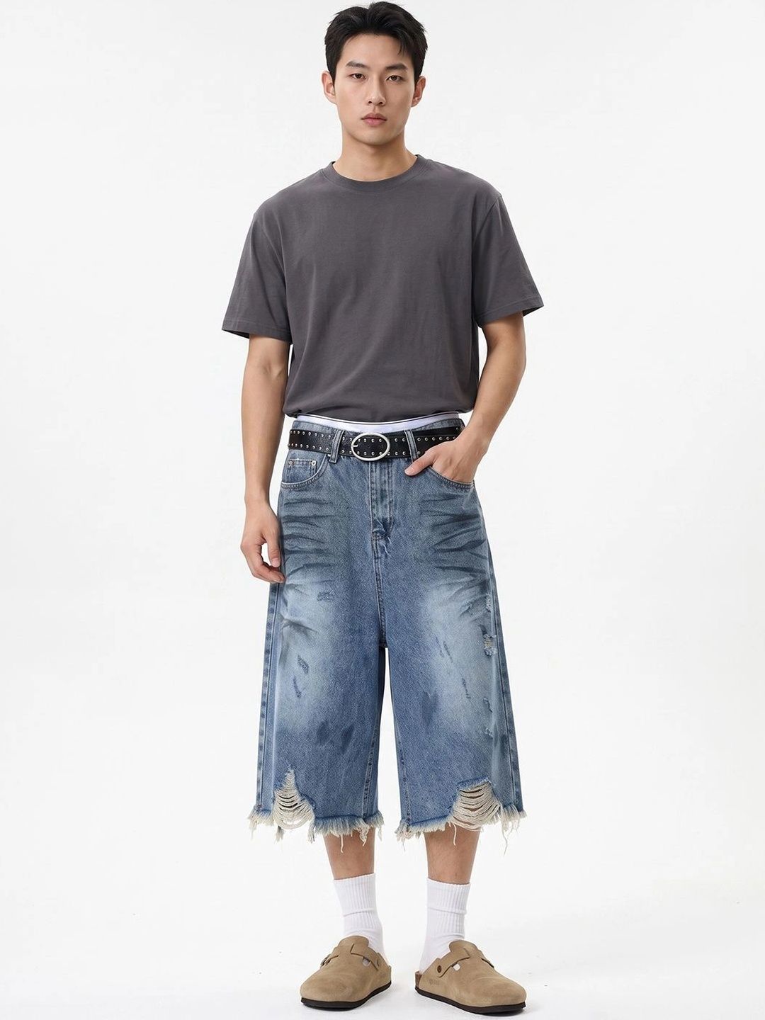 Suo Men Washed Loose Fit Denim Shorts Technology-picture-15