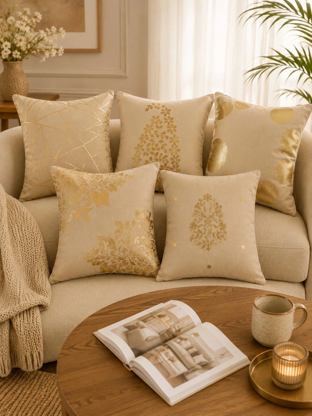 HOSTA HOMES Multicoloured Set of 5 Floral Velvet Square Cushion Covers-picture-46