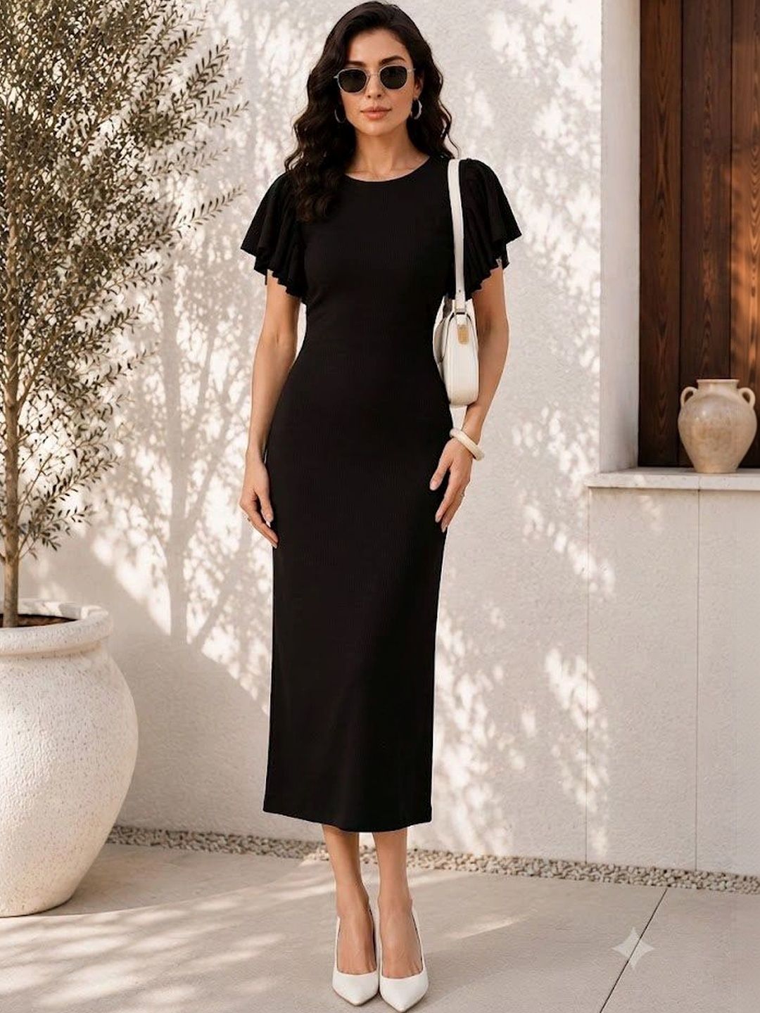 Oomph! Flutter Sleeve Ruffled Sheath Midi Dress-picture-22
