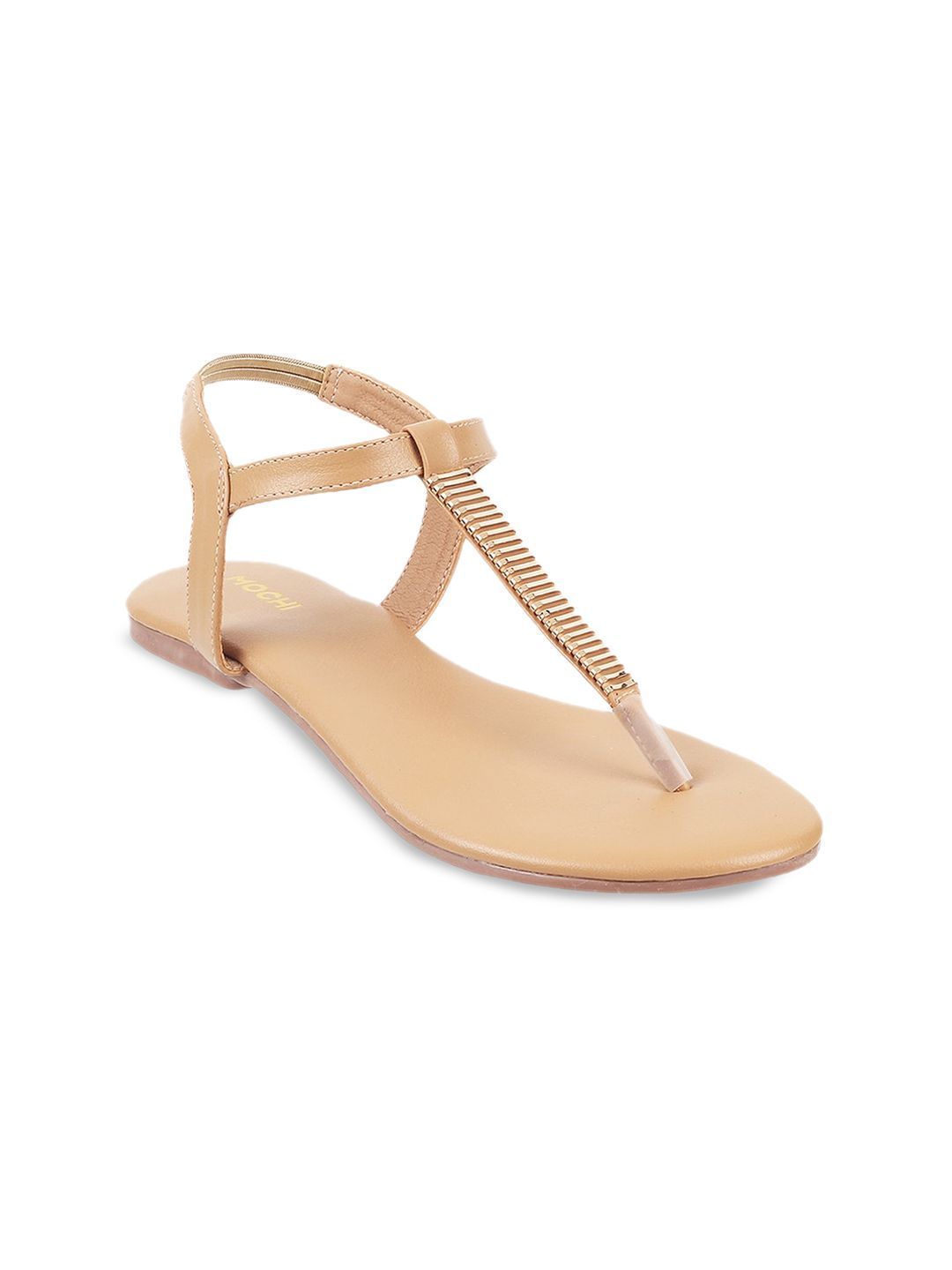Mochi Women Brown Embellished T-Strap Flats Sandals