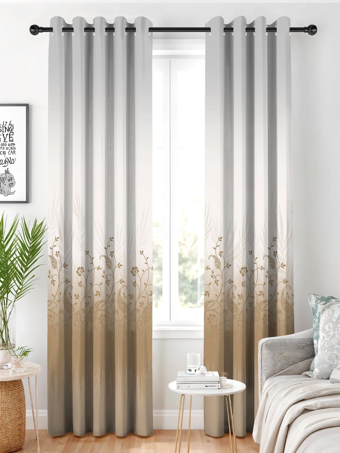 Myntra Elegant Homes Charcoal Set of 2 Floral Room Darkening Door Curtain-image-18