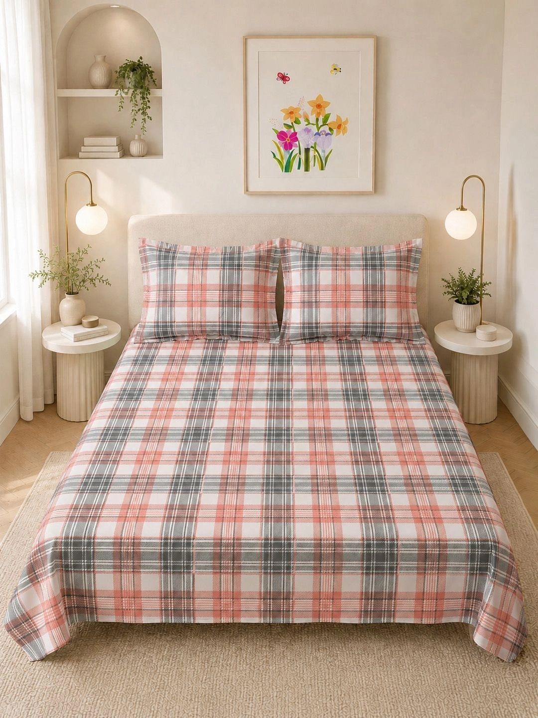 LANE LINEN White & Peach-Coloured 144 TC King Bedsheet with 2 Pillow Covers-picture-11