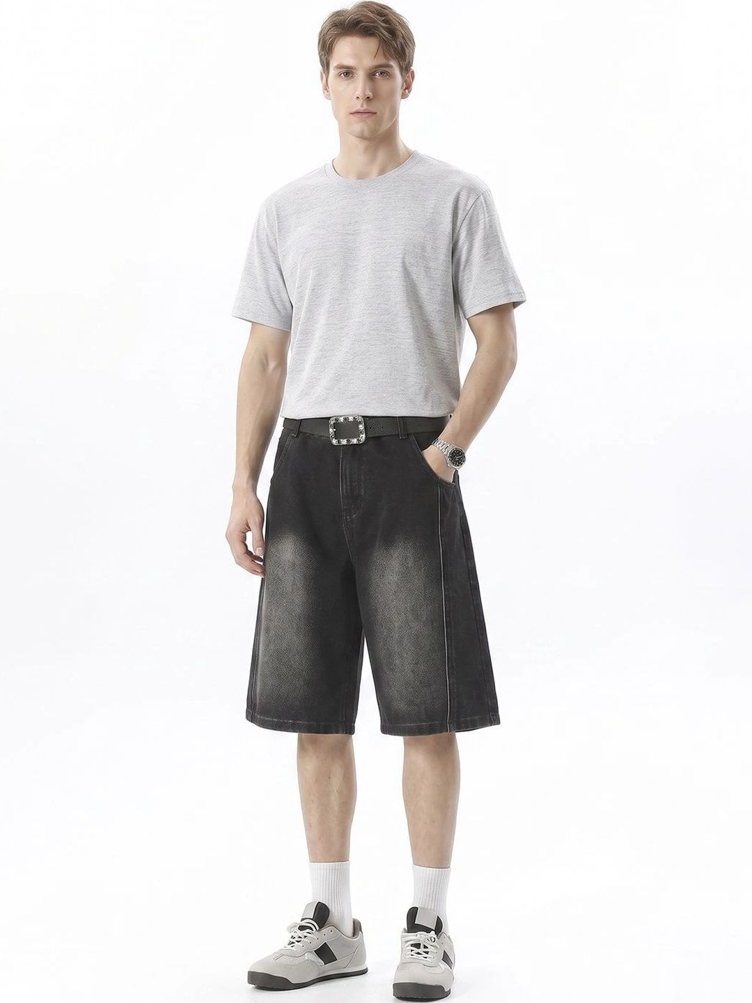 Suo Men Washed Loose Fit Denim Shorts Technology-picture-34