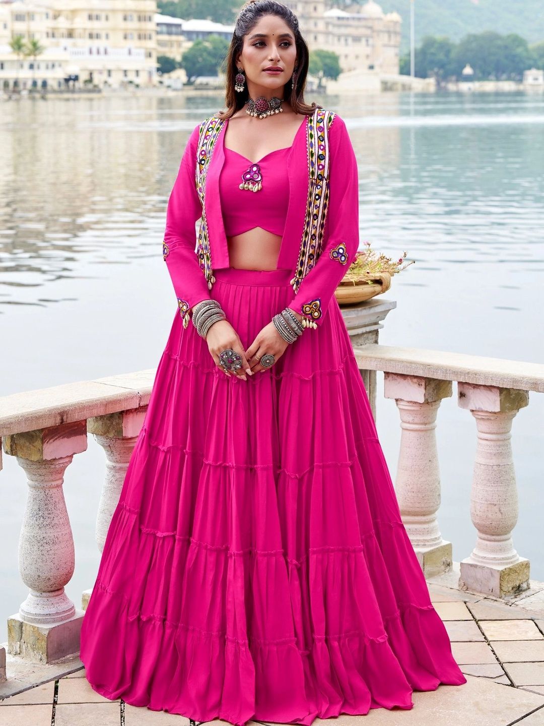BHAVUBAA Embellished Mirror Work Ready to Wear Lehenga &-image-40