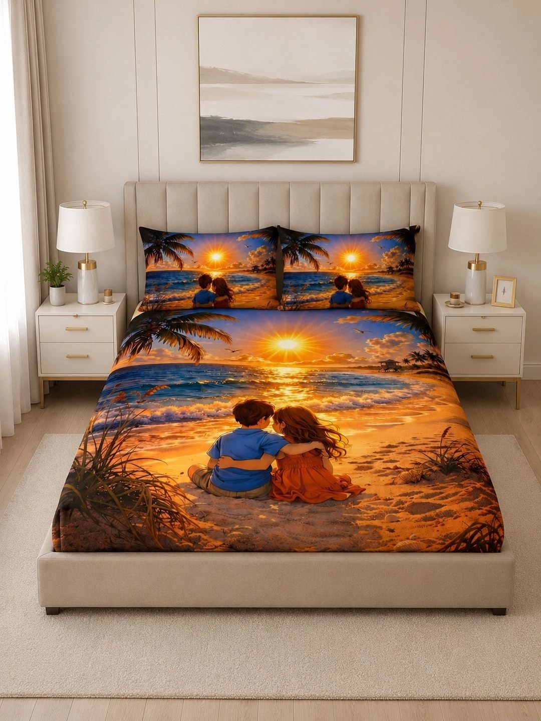VARDAAN SALES Blue & Orange Graphic 250 TC Bedsheet with 2 Pillow Covers-image-36