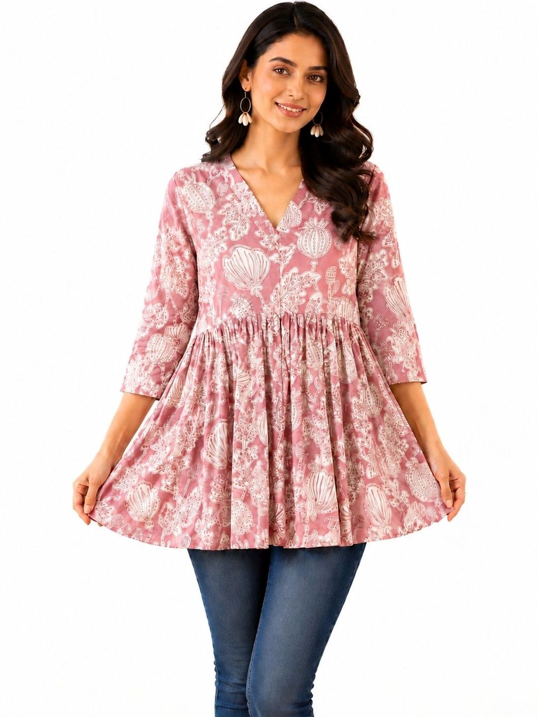 ZAZADIYA IMPEX Botanical Printed V-Neck Empire Kurti-picture-46