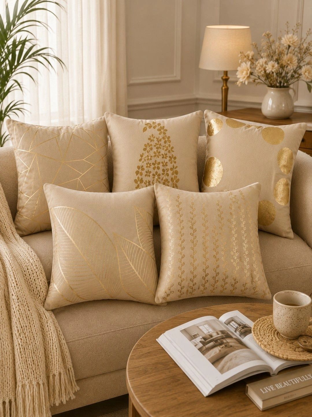 HOSTA HOMES Beige Set of 5 Floral Velvet Square Cushion Covers-picture-43
