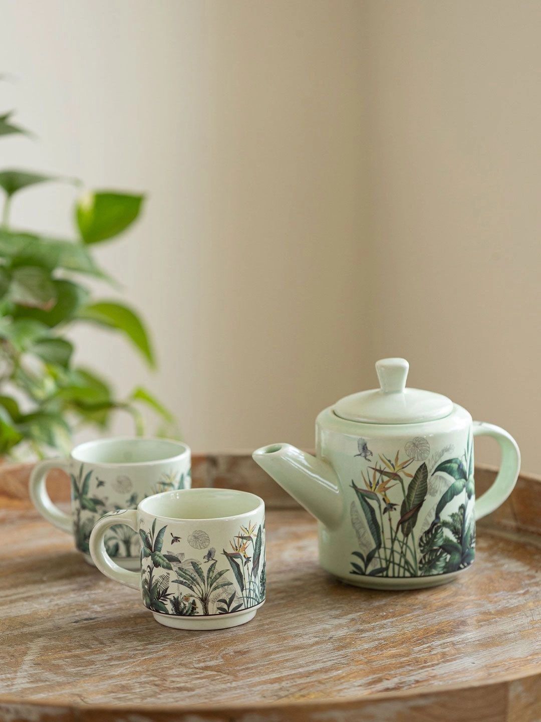 ExclusiveLane Green & Multicoloured Handcrafted Printed Ceramic Glossy Kettle Set of Cups and Mugs-picture-38