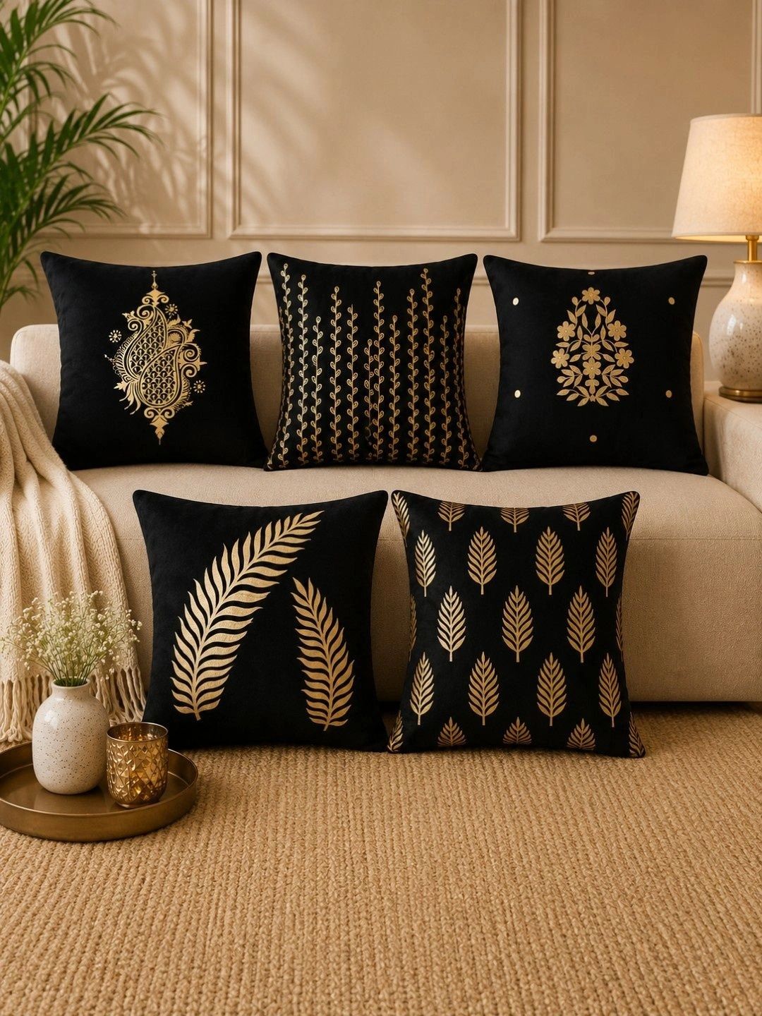 HOSTA HOMES Multicoloured Set of 5 Velvet Square Cushion Covers-picture-58