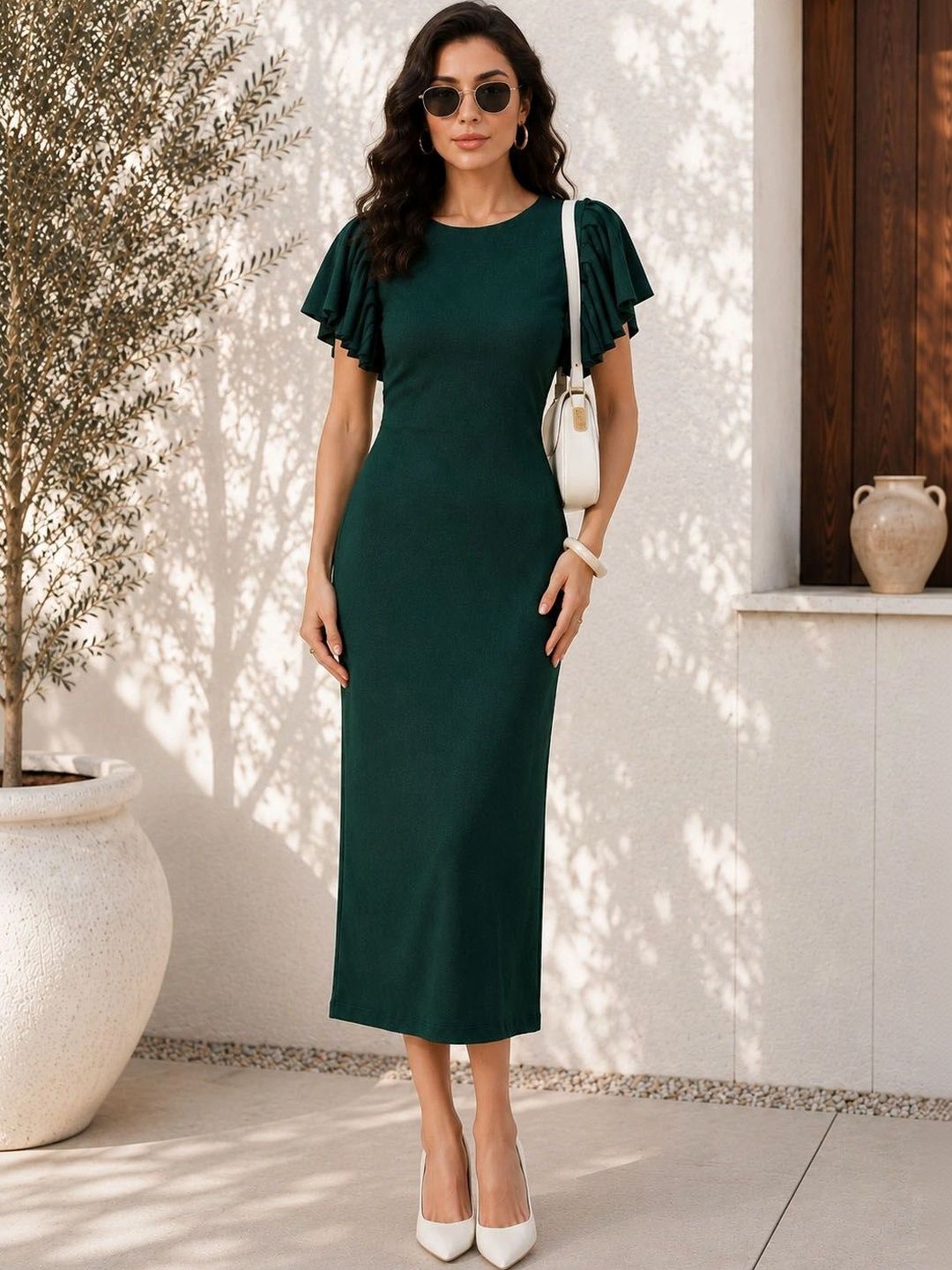 Oomph! Flutter Sleeve Ruffled Sheath Midi Dress-picture-27