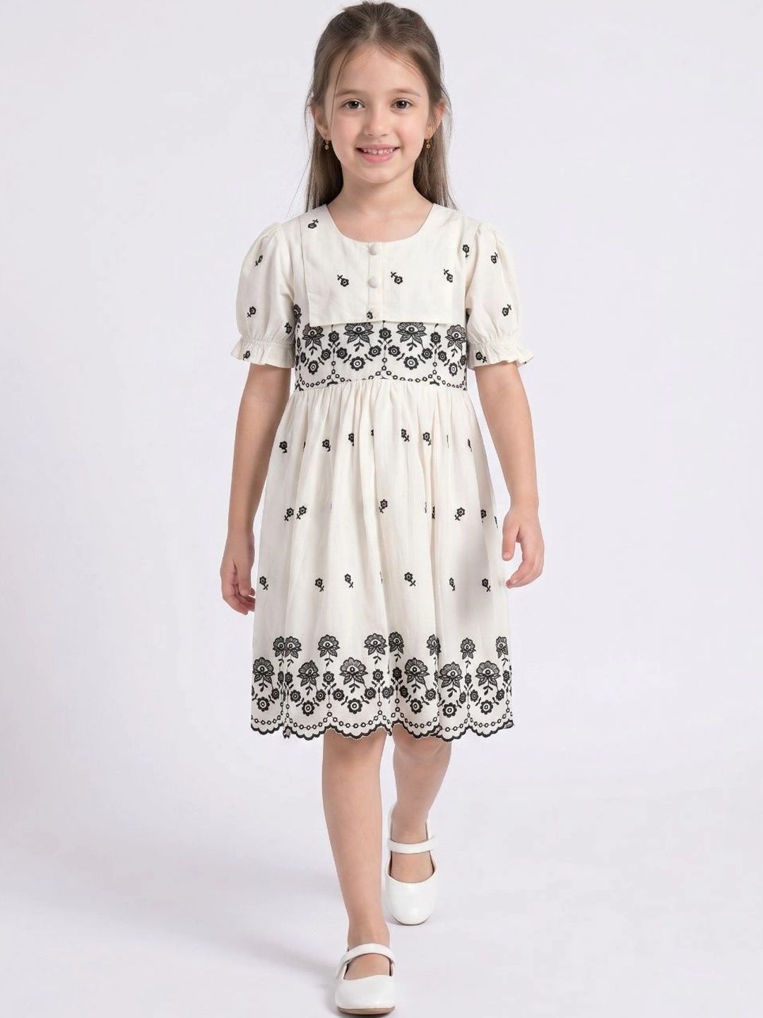 Bella Moda Floral Embroidered Puff Sleeve A-Line Dress-image-35