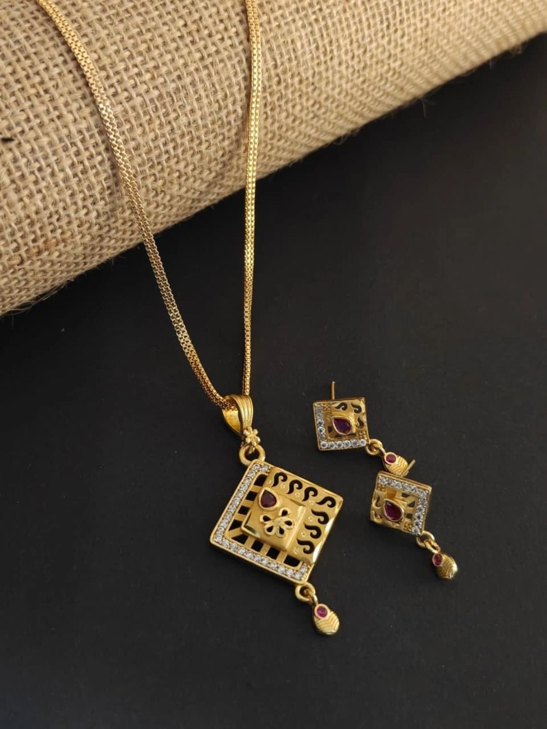 EvoraJewel Gold-Plated Enamelled American Diamond Pendant and Earrings-image-39