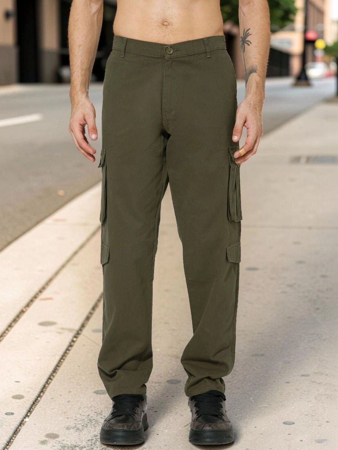 STUDIO NEXX Men Relaxed Straight Leg Loose Fit Cargos Trousers-picture-46