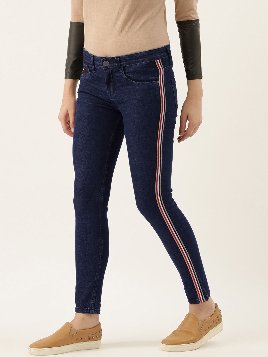 PINACOLADA Women Navy Blue Cotton Slim Fit Mid-Rise Clean Look Jeans with Side Stripe