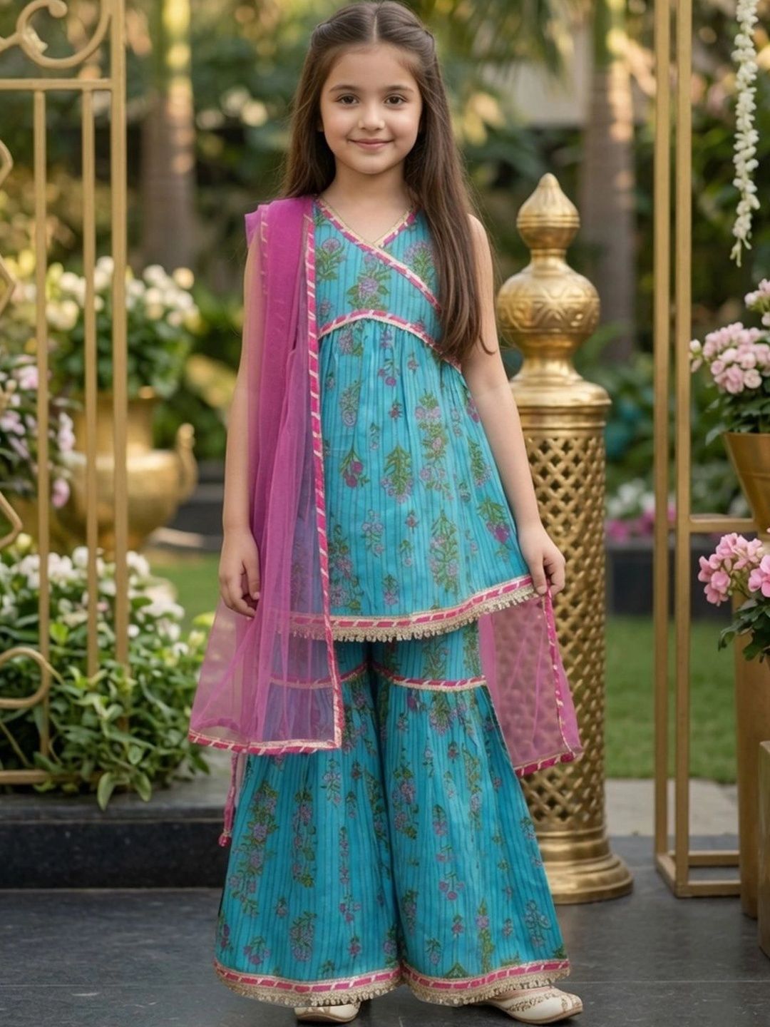 Cutiekins Girls Floral Printed Regular Kurti with Sharara & With Dupatta-picture-16
