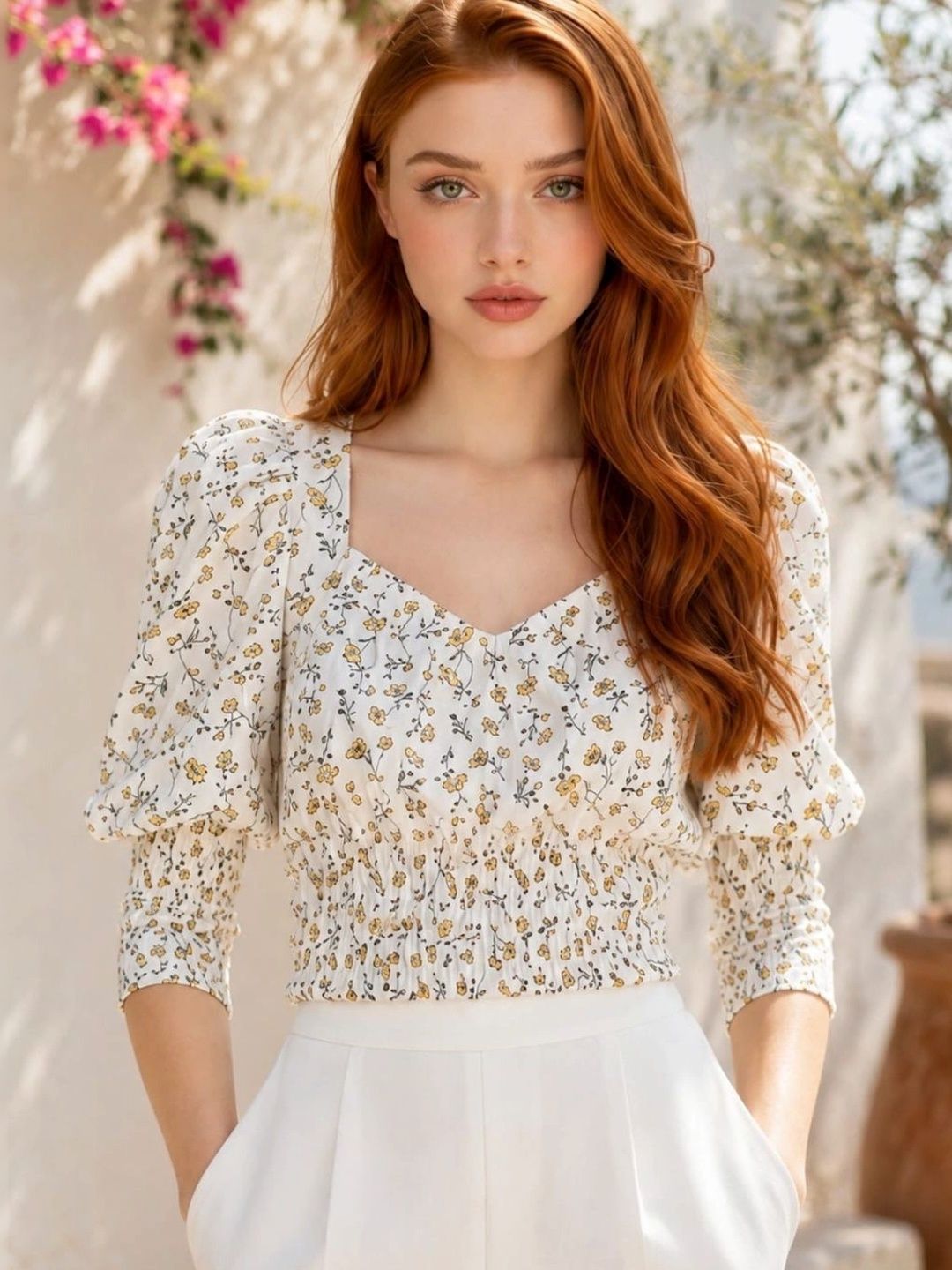 STREET 9 Floral Print Sweetheart Neck Puff Sleeve Georgette Crop Top-picture-20